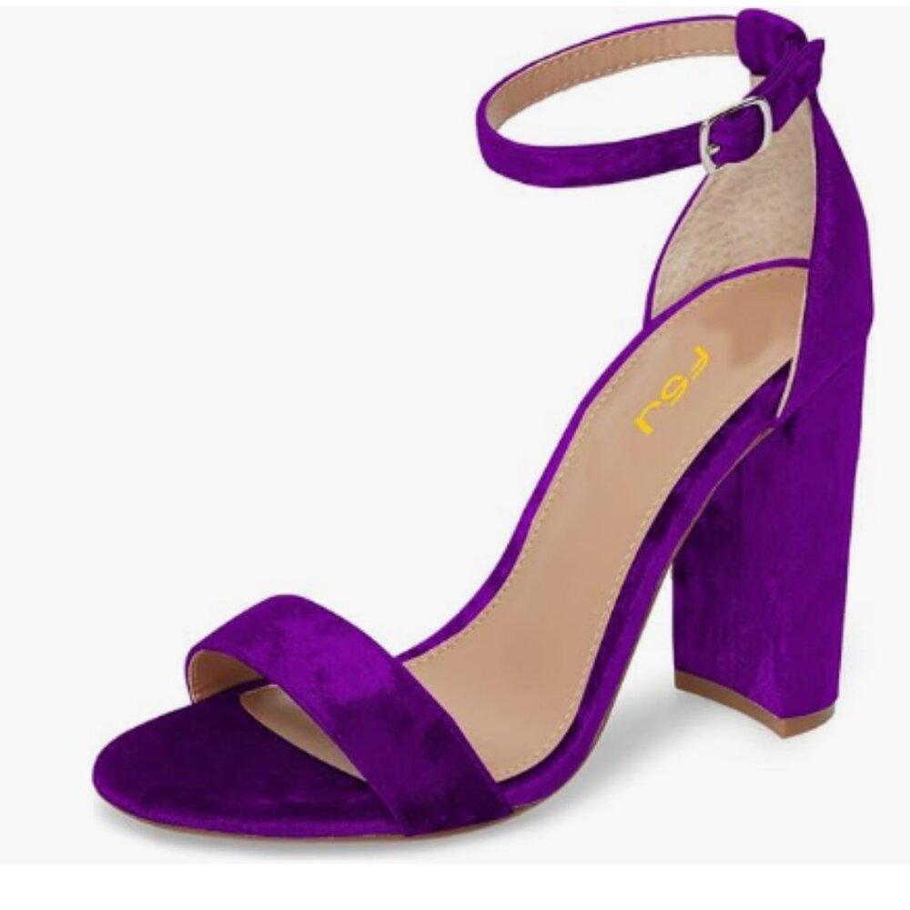 FSJ Purple Velvet Chunky High Heel Sandals Open Toe Ankle Strap Single Band Shoe